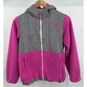 The North Face Girls Denali Jacket Pink Black White Full Zip Hood XL (18)